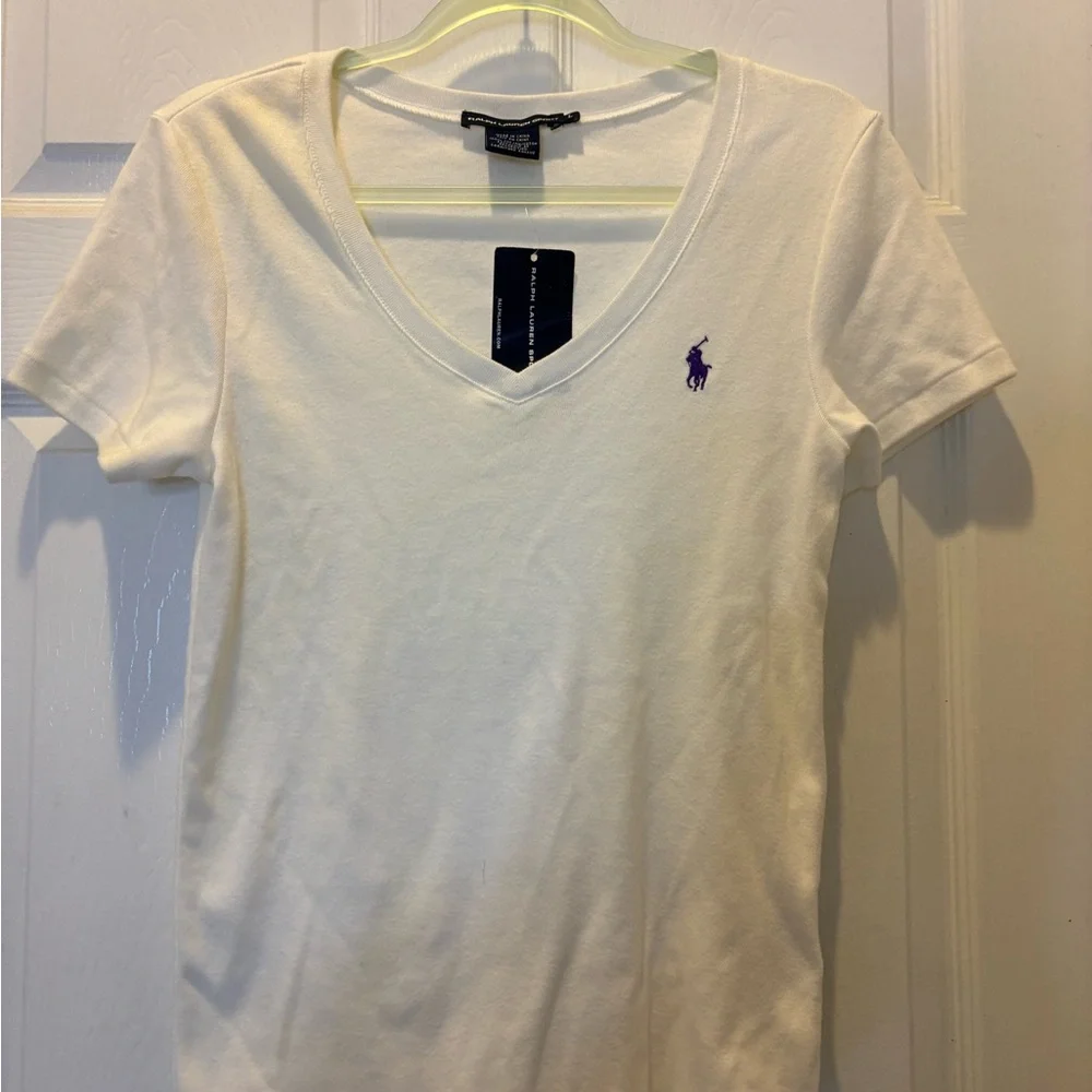 Ralph Lauren Sport White V-Neck Tee with Purple Logo - Picture 1 of 4